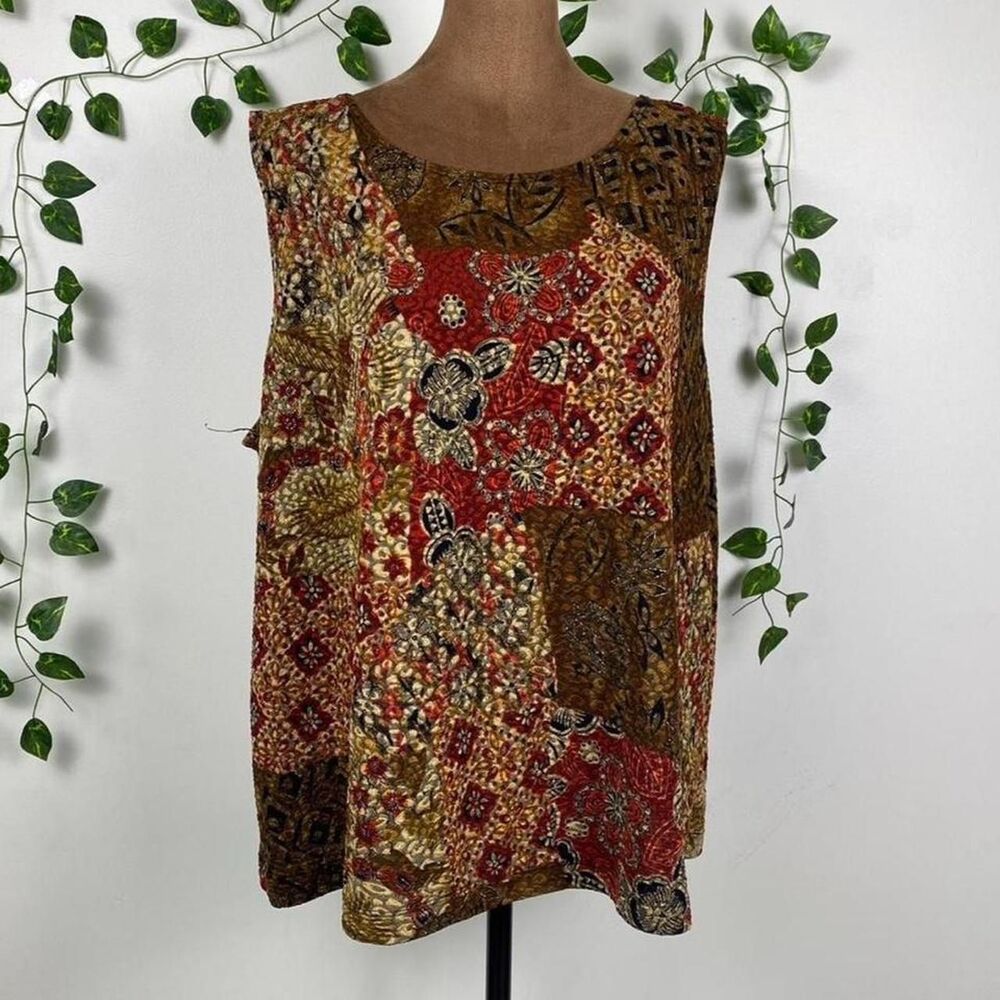 White Stag vintage patchwork blouse boho earthy tones hippie textured tank top